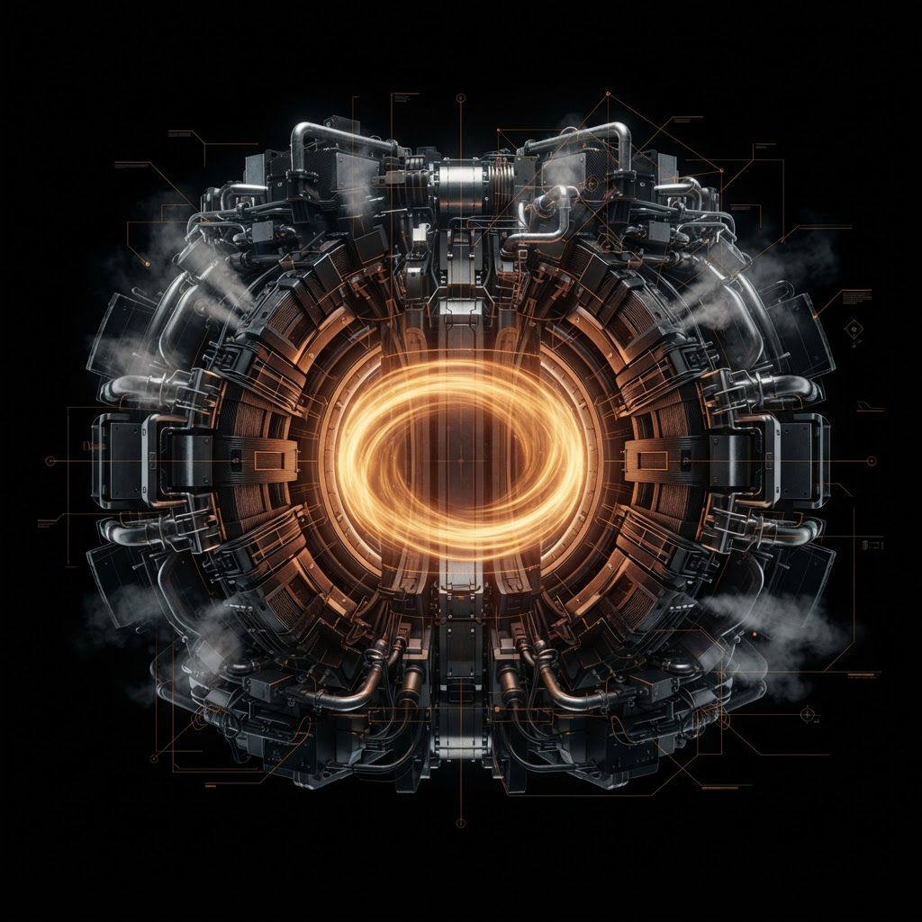 Engineering render of the Pinnacle Radiant Core toroidal fusion reactor with glowing plasma confinement ring